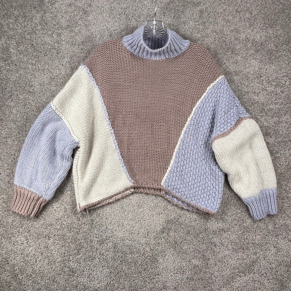 Pants Store Womens Colorblock Chunky Knit Mock Neck Sweater Lavender Tan Cream M